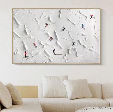 150の主題の芸術作品 Painting - 雪山スポーツのスキーヤー パレット ナイフの壁アート ミニマリズムによる白い雪スキー